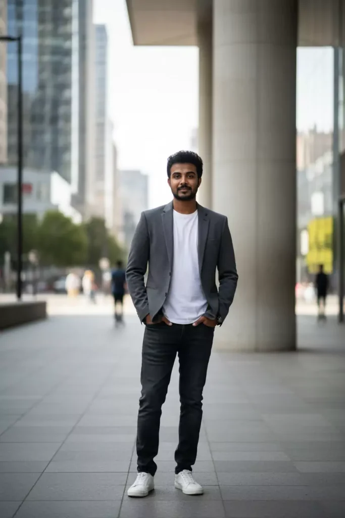 Stylish Indian man in a grey blazer, white t-shirt, and black jeans poses confidently in a cityscape, illustrating Google Gemini AI Photo Editing Prompts for boys, trending realistic portrait edits, and social-media-ready urban fashion looks by AI Artz