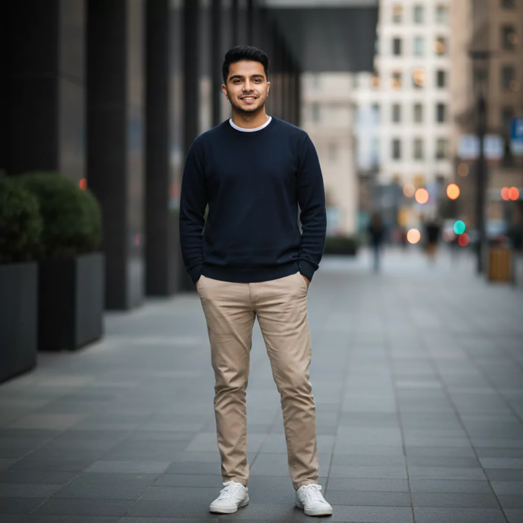 AI Generated image of Subhra Prakash Mohanty as AI Artz in Urban lifestyle portrait in beige chinos, navy sweatshirt, and white sneakers standing on a modern city street, illustrating Google Gemini AI Photo Editing Prompts for urban looks, lifestyle edits, and realistic fashion-forward social media images by AI Artz