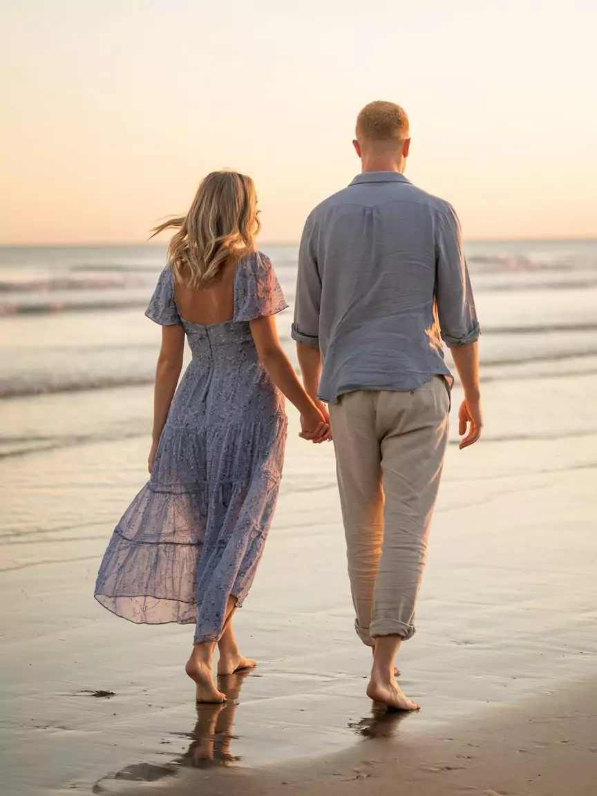 AI Art Prompt for Full Body Images in Every Style An AI-generated image of a young couple holding hands and walking barefoot on a beach at sunset, created from an AI art prompt for full body focusing on relationships and romantic scenes by AI Artz