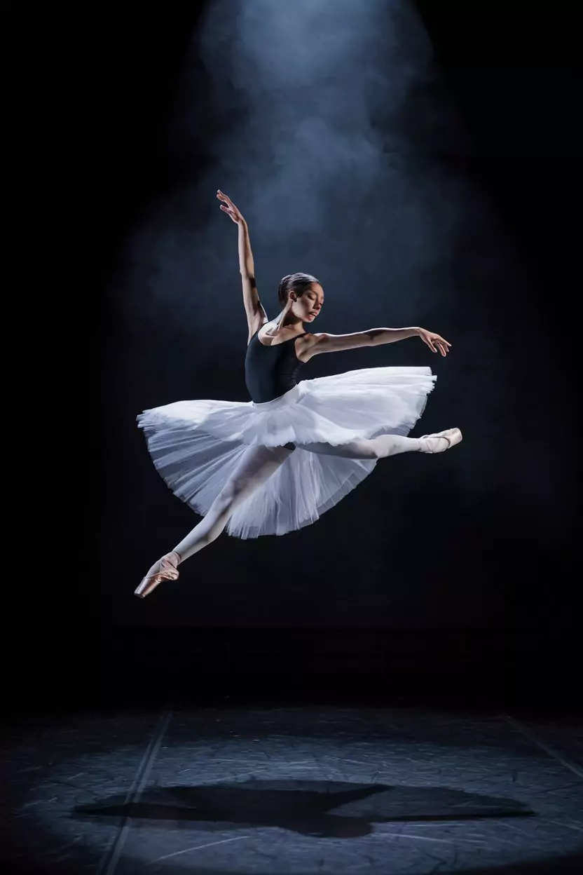 AI Art Prompt for Full Body Images in Every Style AI-generated image of a professional ballerina performing a dramatic leap on stage with spotlight and smoke effects, demonstrating an artistic and creative full body portrait for ai art prompt for full body, ideal for articles about original expressive photo prompts and creative portrait styles by AI Artz