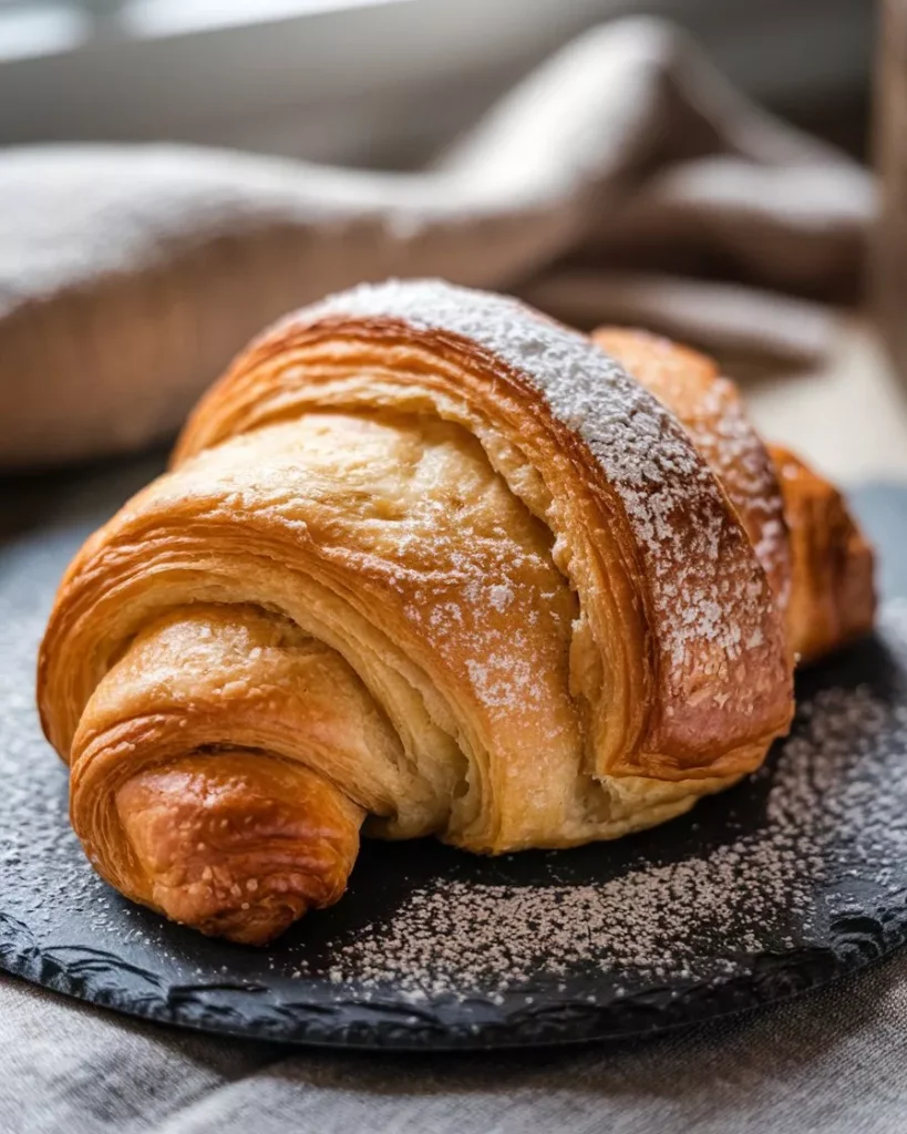 Create Custom AI Images for Coffee Shop Branding AI Generated Artisan croissant with golden flaky layers and a dusting of powdered sugar, displayed on a rustic slate plate in natural daylight by AI Artz