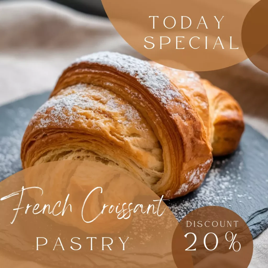 Create Custom AI Images for Coffee Shop Branding AI-generated image for coffee shop branding showcasing a golden, flaky French croissant pastry dusted with powdered sugar on a rustic slate plate, overlaid with text “Today Special” and “Discount 20%.” by AI Artz