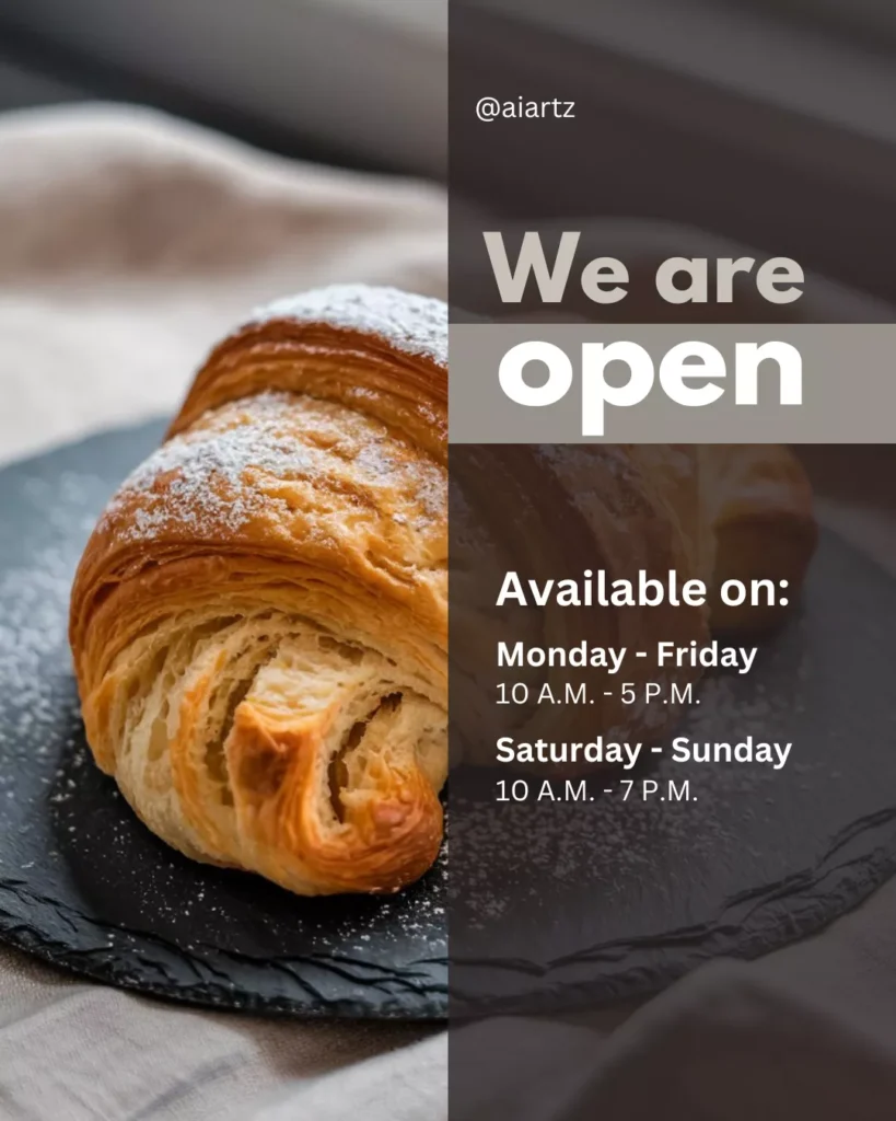 Create Custom AI Images for Coffee Shop Branding AI-generated image for coffee shop branding featuring a golden, flaky artisan croissant dusted with powdered sugar, displayed on a rustic black plate in natural light by AI Artz