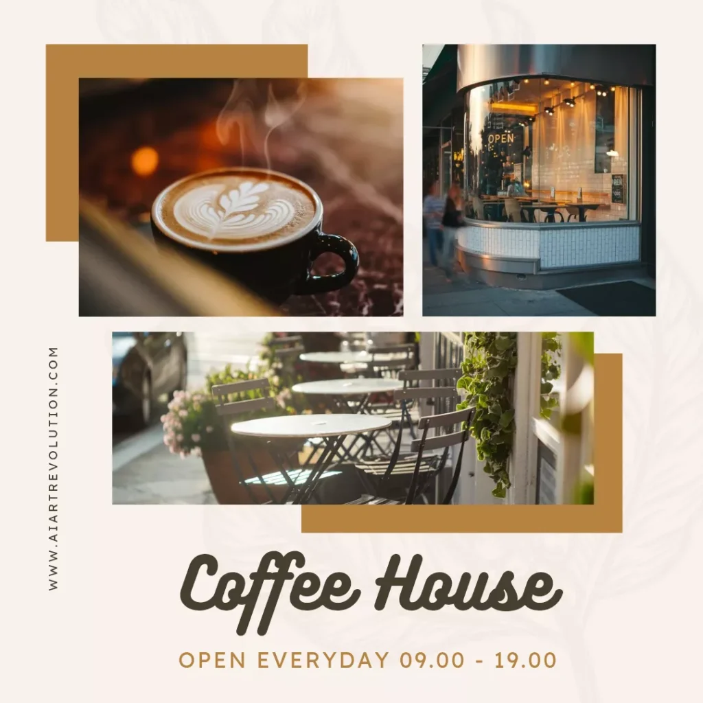 Create Custom AI Images for Coffee Shop Branding AI-generated coffee shop branding promotional post visuals featuring a steaming cup of latte art, a stylish café exterior with inviting lighting, and a sunlit outdoor patio with modern tables, chairs, and greenery by AI Artz