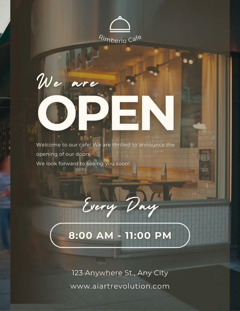 Create Custom AI Images for Coffee Shop Branding AI-generated image of a modern coffee shop exterior, featuring large glass windows, bright interior lights, and comfortable seating visible from the street. Overlaid with “We are open” and daily hours, making this visual ideal for the “Ambiance & Interior Design: Create an Instagram-Worthy Café Experience with AI Visuals” section by AI Artz