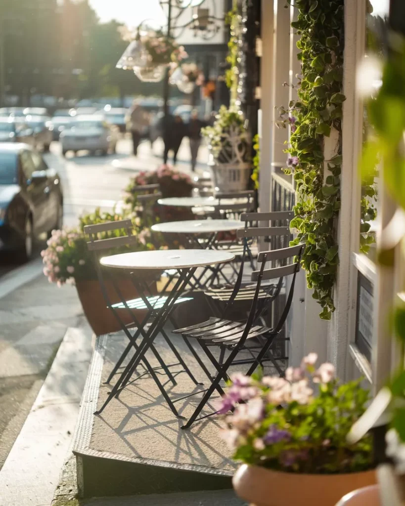 Create Custom AI Images for Coffee Shop Branding AI-generated image of a charming coffee shop outdoor patio with sunlight streaming onto black metal tables and chairs, lush green plants climbing the café exterior, and vibrant flowerpots lining the sidewalk. Perfect for illustrating “AI Images for Coffee Shop Branding,” by AI Artz