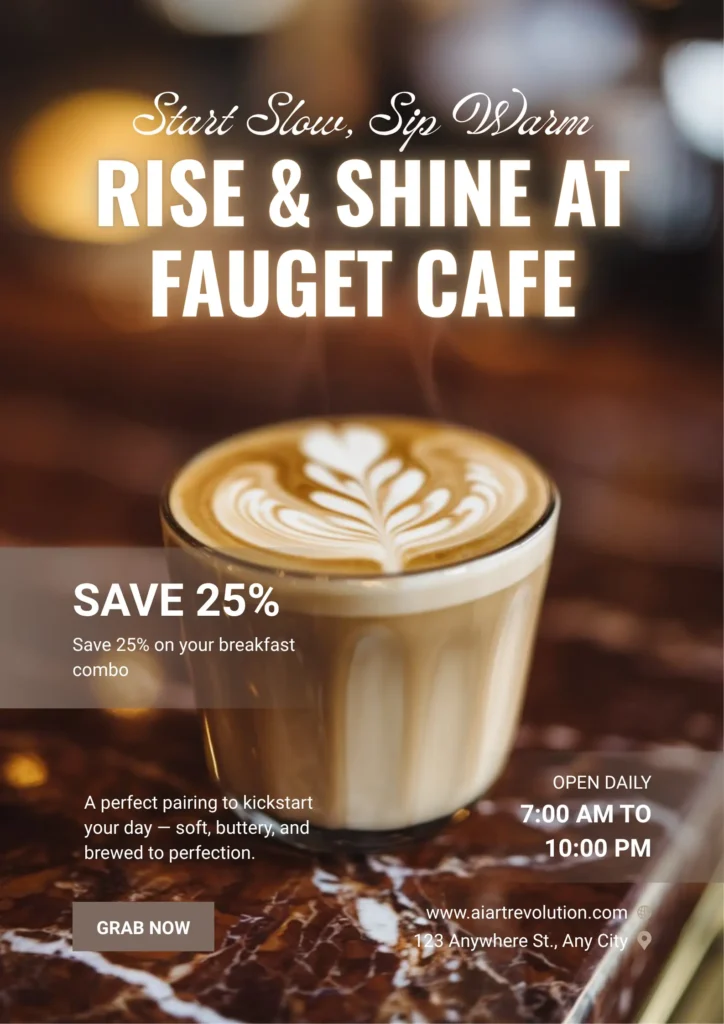 Create Custom AI Images for Coffee Shop Branding Promotional AI-generated image for coffee shop branding, featuring a photorealistic glass of latte with detailed rosetta latte art on a polished marble counter by AI Artz