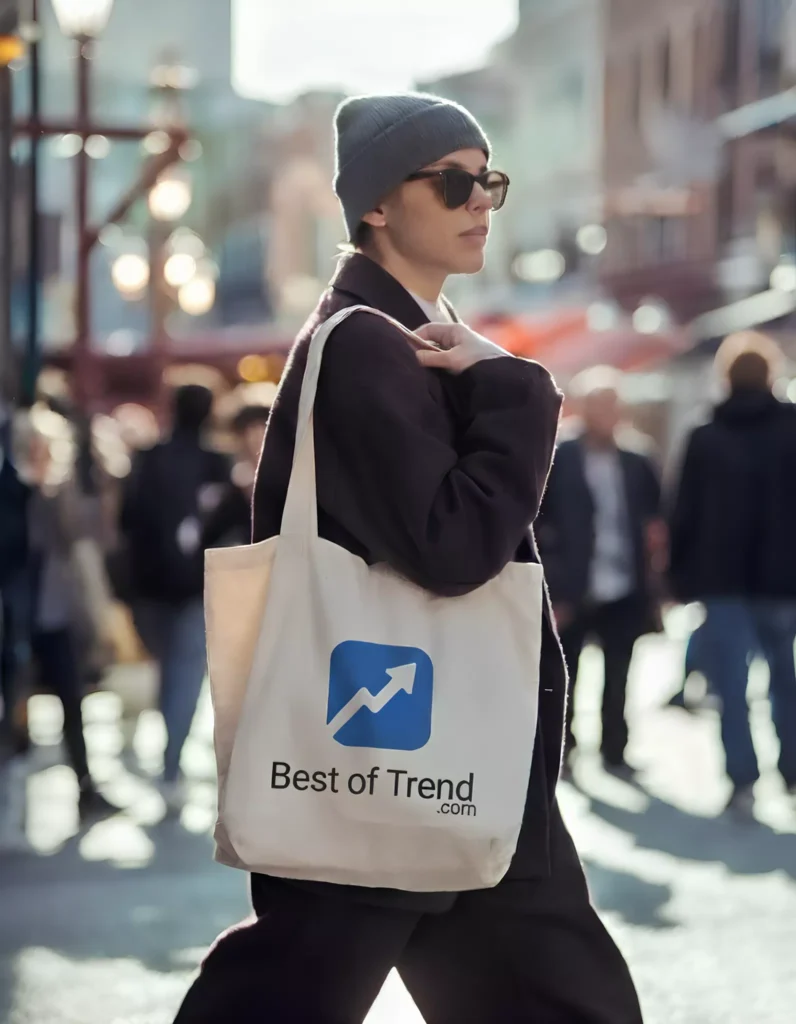 Create Custom AI Images for Coffee Shop Branding AI-generated street-style branding image featuring a fashionable person in sunglasses and a beanie, carrying a white canvas tote bag with the “Best of Trend.com” logo and Best of Trend brand logo by AI Artz