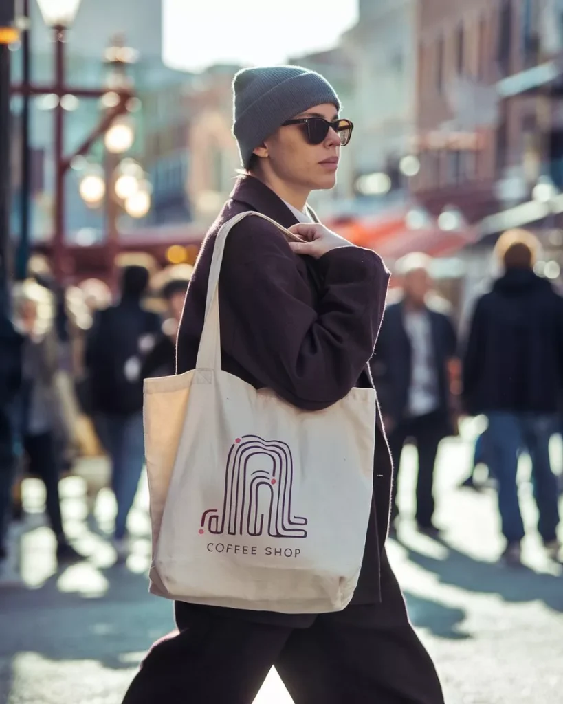 Create Custom AI Images for Coffee Shop Branding AI-generated image for coffee shop branding and marketing, showing a stylish person in an urban setting carrying a beige canvas tote bag with a modern, minimalist coffee shop logo design and “COFFEE SHOP” text by AI Artz