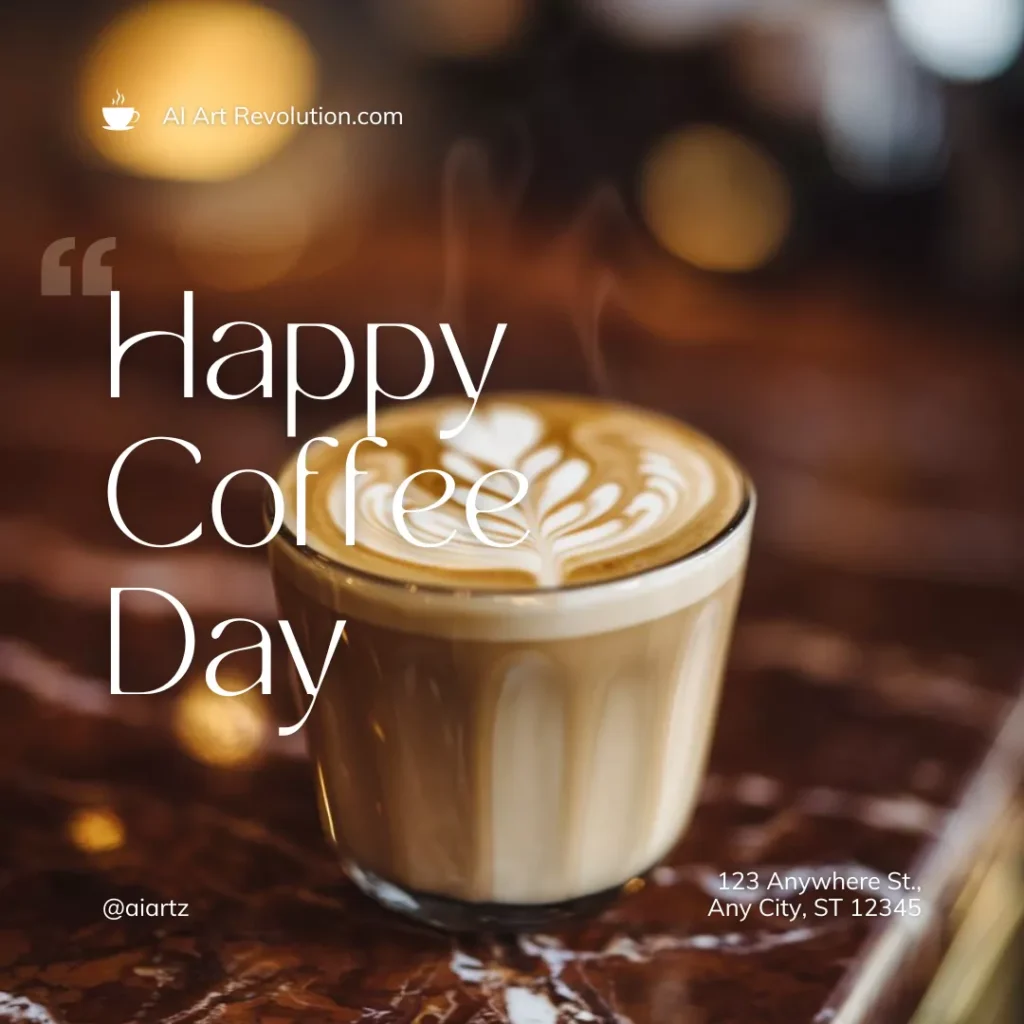 Create Custom AI Images for Coffee Shop Branding AI-generated photorealistic image showing a steaming glass of latte coffee with intricate rosetta latte art, placed on a glossy marble café counter by AI Artz