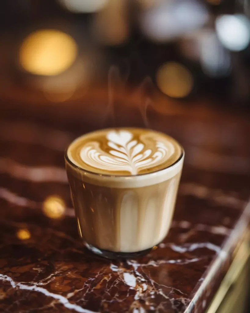 Create Custom AI Images for Coffee Shop Branding Steaming glass of latte art coffee with a heart-shaped rosetta design, sitting on a glossy marble café counter in soft warm lighting by AI Artz