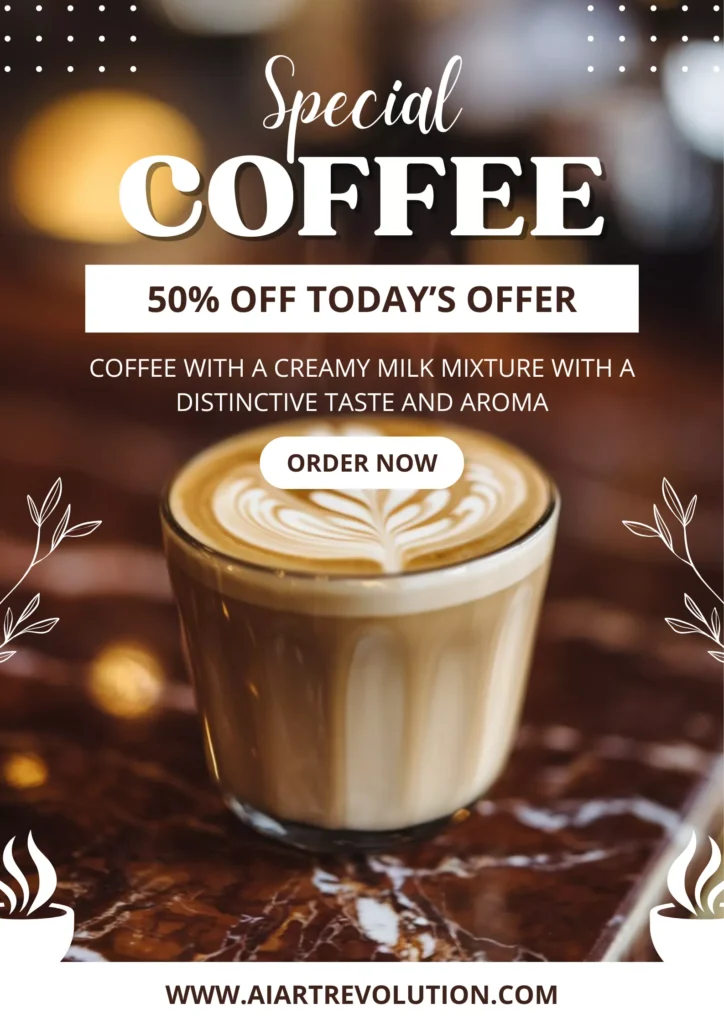 Create Custom AI Images for Coffee Shop Branding Promotional AI-generated coffee shop image featuring a creamy latte in a glass cup with signature rosetta latte art, placed on a glossy marble counter by AI Artz