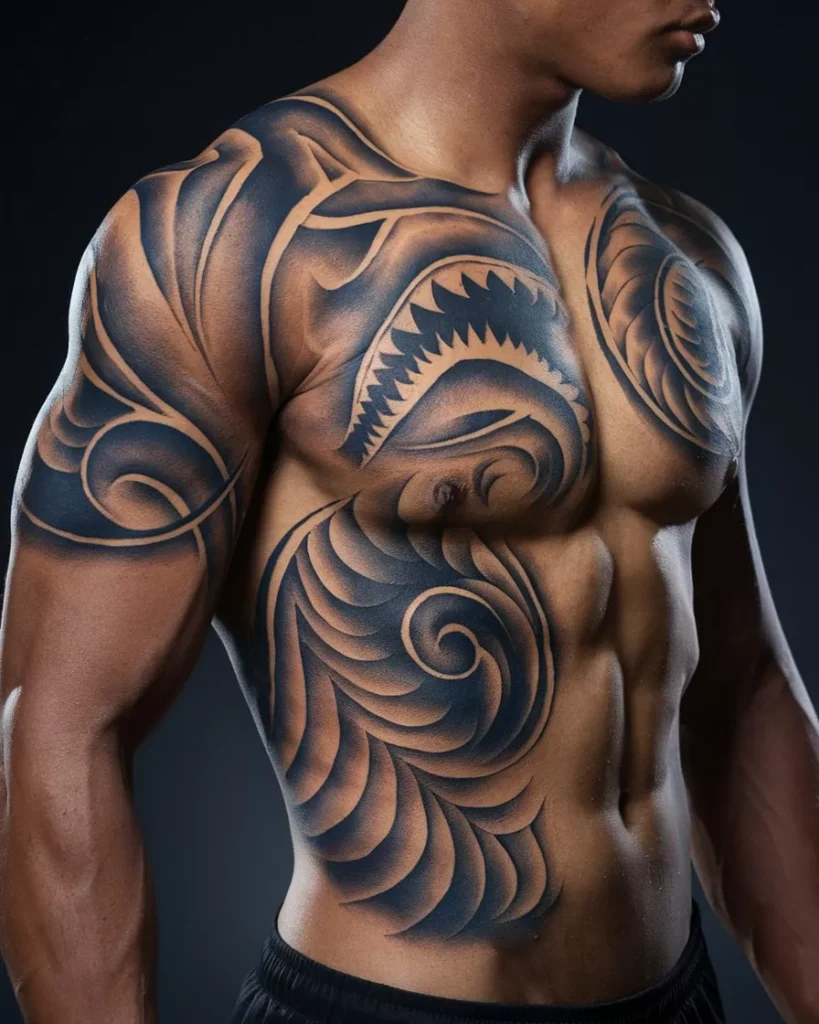 Upper body of a person with full blackwork tribal tattoos covering chest shoulders and arms. The design features bold symmetrical patterns with swirling shapes and sharp-edged motifs resembling shark teeth. High contrast between black ink and skin tone enhances the three-dimensional effect. The tattoo style is inspired by Polynesian and tribal art, emphasizing strength identity and cultural symbolism in a studio-lit setting by AI Artz