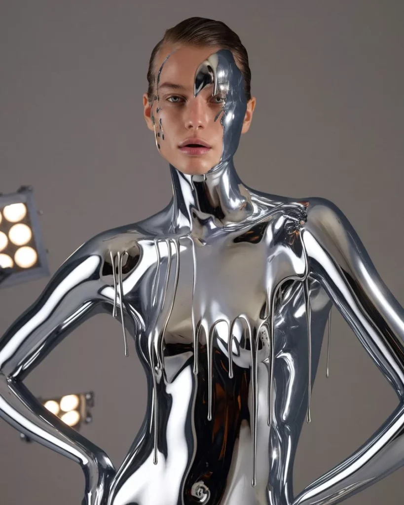 A futuristic portrait of a person partially covered in reflective chrome liquid metal, with flowing metallic textures on the chest and face revealing natural skin beneath. Captured in a studio setting with soft lighting, the image blends human features with synthetic aesthetics to evoke themes of transformation, artificial intelligence, and digital art by AI Artz