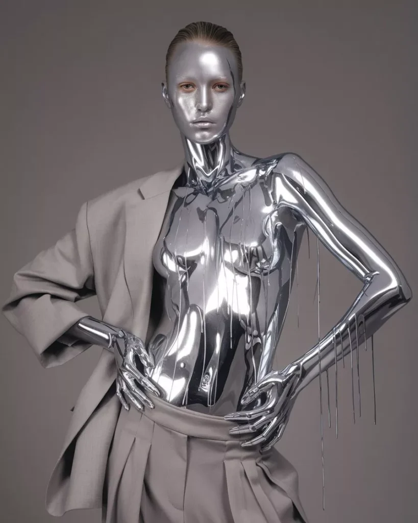 High fashion portrait of a model with full body metallic silver body painting, chrome liquid effect on skin, futuristic body paint design combined with neutral fashion styling, studio lighting, hyper realistic detail, reference for AI prompts for body painting by AI Artz