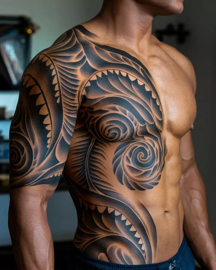 A close-up of a male upper body showcasing a large tribal tattoo in bold black ink, covering the left chest, shoulder, arm, and side torso. The intricate design features symmetrical patterns, swirling motifs, leaf-like shapes, and jagged edges resembling fins or teeth. The tattoo contours to the musculature, creating a three-dimensional effect and highlighting Polynesian-inspired body art in a studio-lit setting by AI Artz