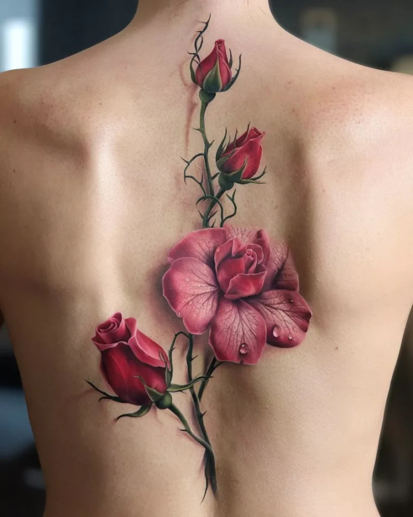 Realistic rose vine tattoo on a person’s back featuring one fully bloomed red rose and three rosebuds arranged vertically along the spine. The petals include water droplets for enhanced realism, while the dark green vine with thorns connects each flower. The tattoo showcases lifelike shading, vivid colors, and detailed floral artistry inspired by nature by AI Artz