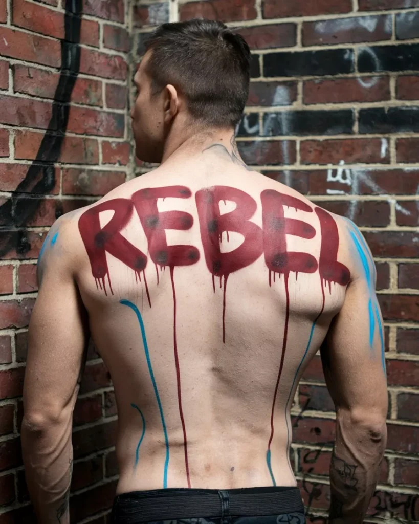 Muscular male back tattooed with dripping red REBEL graffiti letters and blue paint streaks against urban red brick wall with graffiti, edgy body art style for festivals or streetwear, high contrast photorealistic rebel body painting design inspiration by AI Artz