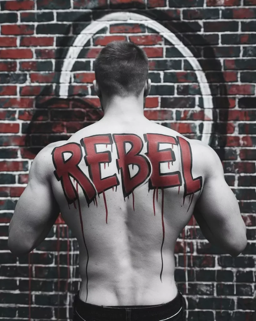 Muscular male back with bold red dripping REBEL graffiti letters in graffiti art style against gritty red brick urban wall background, edgy streetwear body painting design for festivals or rebels, high contrast photorealistic graffiti tattoo inspiration on athletic physique by AI Artz
