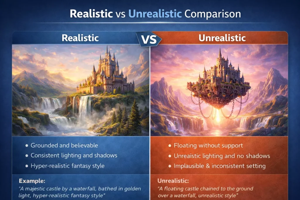 AI Generated Images Look Fake - AI Generated Image Prompt Guide comparison of realistic vs unrealistic AI generated images showing lighting shadows and environment differences by AI Artz