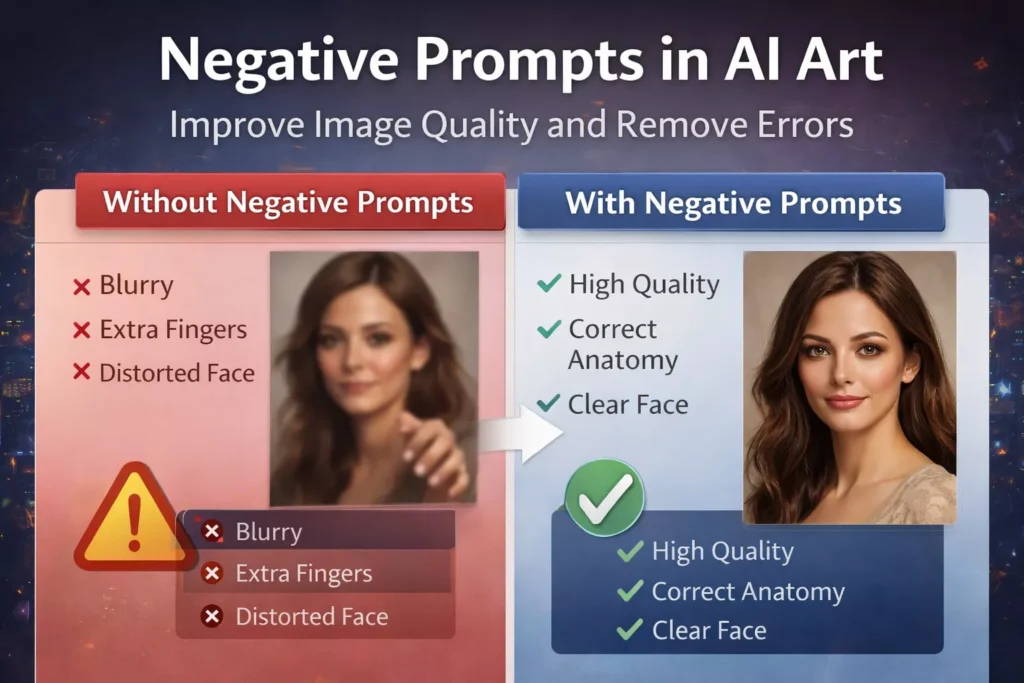Negative Prompts in AI Art, Side-by-side comparison of AI art with and without negative prompts showing blurry, distorted image versus high-quality realistic portrait with correct anatomy and clear details by AI Artz
