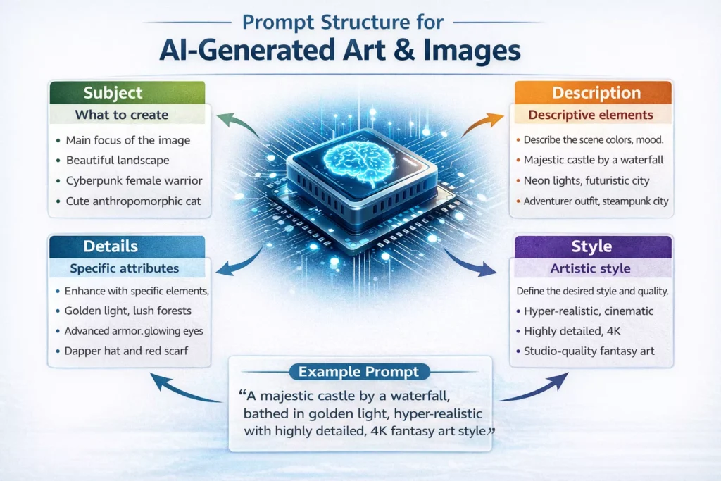 AI Generated Image Prompt Guide showing prompt structure diagram with subject description details and style for creating realistic AI generated art by AI Artz