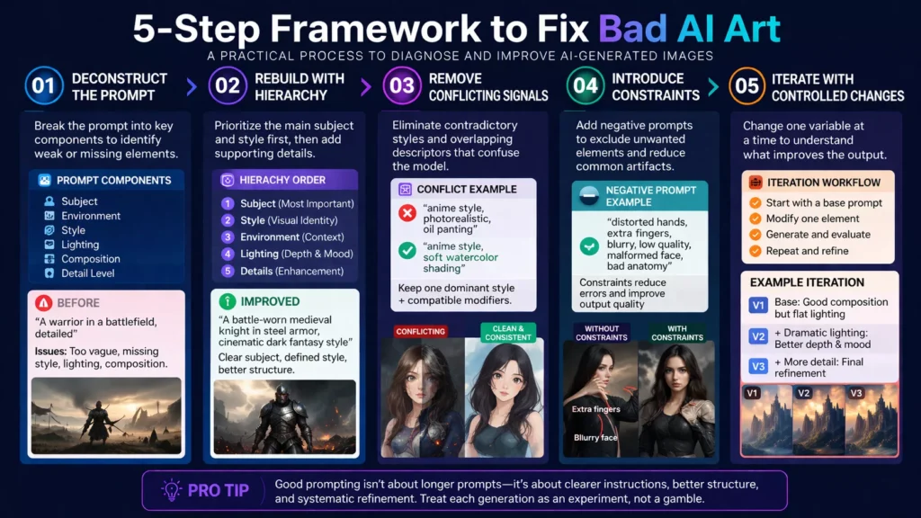 Why Your AI Art Looks Bad and How to Fix It Like a Pro (Step-by-Step Guide) A 5-step visual framework explaining why AI art looks bad and how to fix AI-generated images by improving prompts, removing conflicting styles, adding negative prompts, and using structured iteration for better results by AI Artz