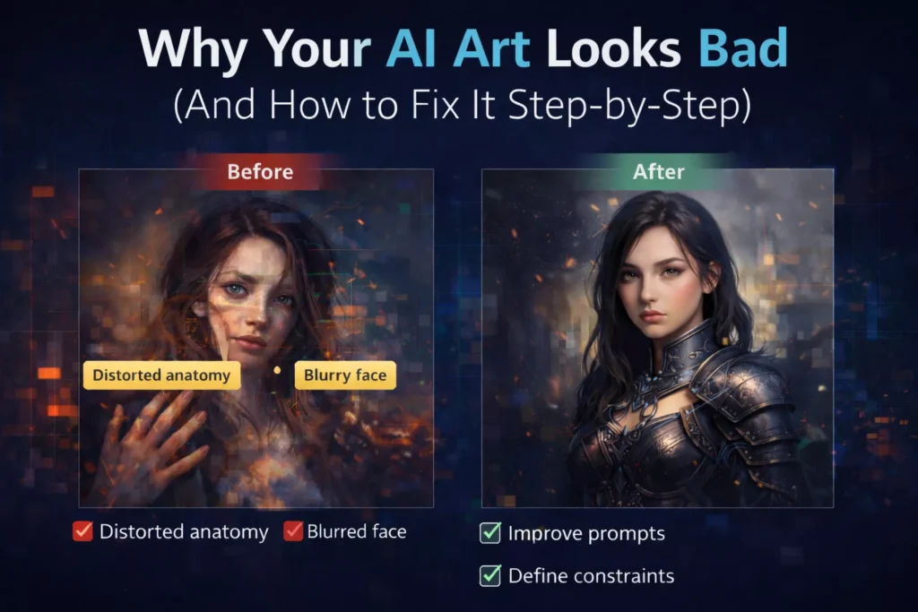 Why Your AI Art Looks Bad and How to Fix It Like a Pro (Step-by-Step Guide) Why AI Art Looks Bad, Side-by-side comparison of bad vs improved AI-generated art showing distorted anatomy and blurry face on the left and a refined, realistic portrait on the right, demonstrating how better prompts and constraints fix AI art quality by AI Artz