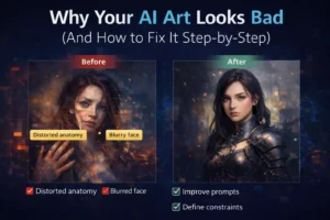 Why AI Art Looks Bad, Side-by-side comparison of bad vs improved AI-generated art showing distorted anatomy and blurry face on the left and a refined, realistic portrait on the right, demonstrating how better prompts and constraints fix AI art quality by AI Artz
