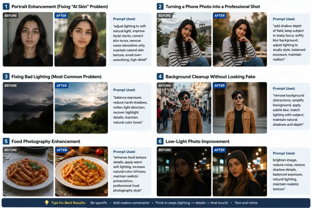 Gemini ai photo editing prompts, Before and after examples of Gemini AI photo editing prompts showing portrait enhancement, professional DSLR effect from phone photo, lighting correction, background cleanup, food photography improvement, and low-light photo enhancement with realistic results by AI Artz
