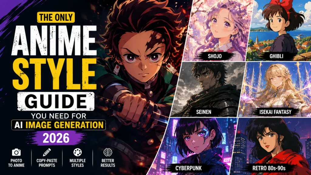Anime styles for AI image generation guide showing shonen, shojo, Ghibli, cyberpunk, and retro anime AI art styles with cinematic AI-generated characters by AI Artz