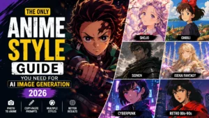 Anime styles for AI image generation guide showing shonen, shojo, Ghibli, cyberpunk, and retro anime AI art styles with cinematic AI-generated characters by AI Artz