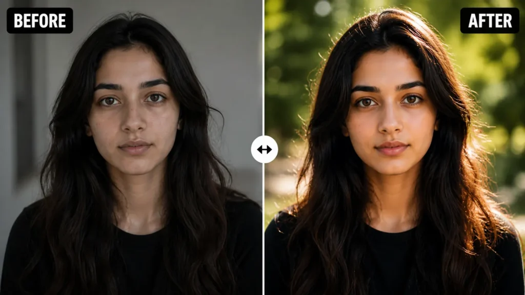 Gemini ai photo editing prompts, Before and after portrait comparison showing Gemini AI photo editing prompts improving lighting, skin texture, and image clarity with realistic professional results