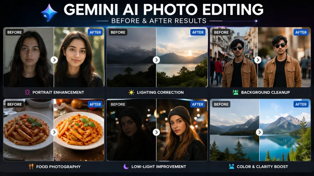 Gemini ai photo editing prompts, Before and after comparison showing Gemini AI photo editing prompts improving portrait, lighting, background, food photography, and low light images with realistic professional results by AI Artz