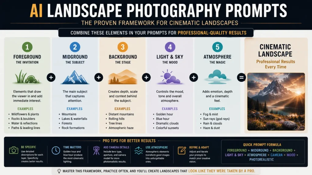AI landscape photography prompts cheat sheet infographic showing the complete cinematic landscape framework with foreground, midground, background, light and sky, atmosphere, and prompt formula for professional AI-generated landscapes by AI Artz