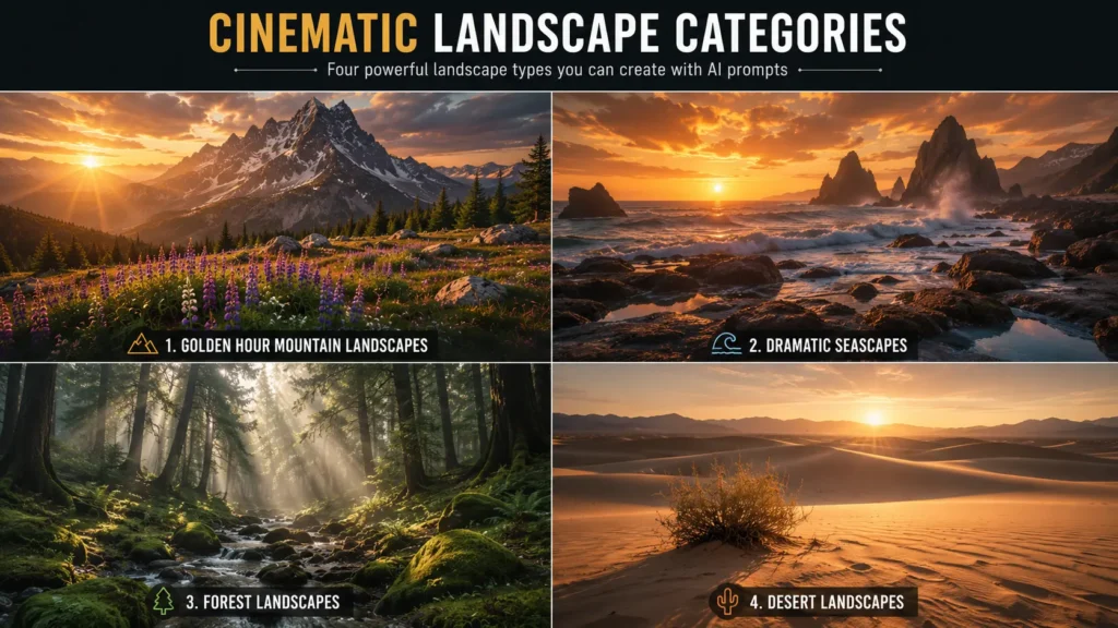 AI landscape photography prompts examples featuring four cinematic landscape categories including golden hour mountain landscapes, dramatic seascapes, forest landscapes, and desert landscapes created with professional AI image prompts by AI Artz