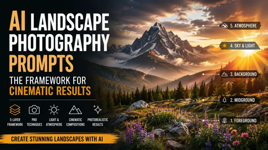 AI Landscape Photography Prompts: Learn the 5-layer framework professional photographers use to create cinematic mountains, dramatic lighting, atmospheric depth, and photorealistic nature scenes with AI by AI Artz