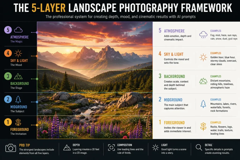 AI landscape photography prompts guide illustrating the five-layer framework used to create depth, lighting, atmosphere, and professional landscape compositions with AI by AI Artz