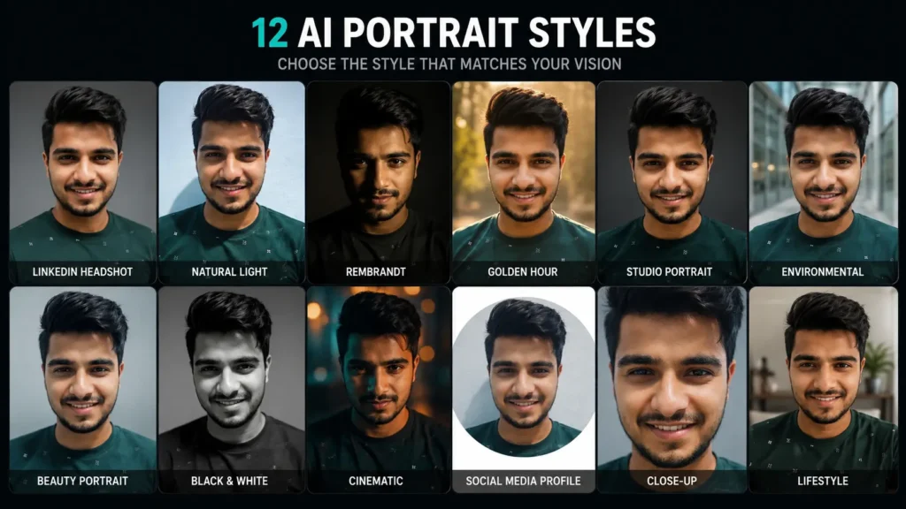 12 AI portrait style examples for ChatGPT Image Prompts for Realistic Portraits, showcasing LinkedIn headshots, natural light portraits, Rembrandt lighting, golden hour photography, studio portraits, environmental portraits, cinematic portraits, beauty portraits, and social media profile styles, image of Sibhra Prakash Mohanty as AI Artz