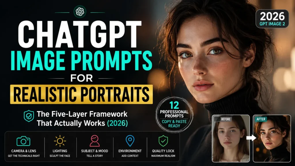 ChatGPT Image Prompts for Realistic Portraits using the Five-Layer Framework, showing professional AI portrait generation techniques, realistic skin texture, lighting setups, camera lens settings, and before-and-after portrait improvements image by AI Artz