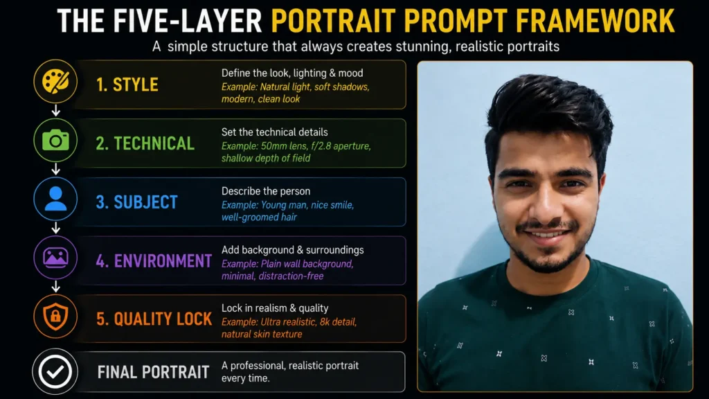 Five-Layer Portrait Prompt Framework for creating realistic AI portraits with ChatGPT image prompts, Image Subhra Prakash Mohanty as AI Artz