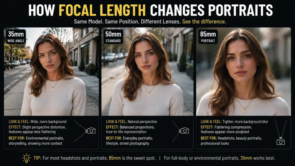Focal length comparison for ChatGPT Image Prompts for Realistic Portraits, showing how 35mm, 50mm, and 85mm lenses affect perspective, facial proportions, background blur, and professional portrait photography results image by AI Artz