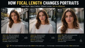 Focal length comparison for ChatGPT Image Prompts for Realistic Portraits, showing how 35mm, 50mm, and 85mm lenses affect perspective, facial proportions, background blur, and professional portrait photography results image by AI Artz