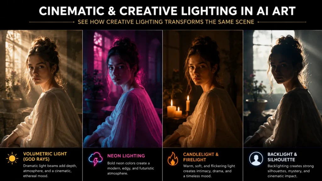 Lighting in AI art comparison showing Volumetric Light (God Rays), Neon Lighting, Candlelight and Firelight, and Backlight Silhouette techniques on the same portrait to demonstrate cinematic and creative AI image lighting effects by AI Artz