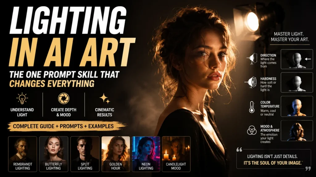 Lighting in AI art examples demonstrating cinematic lighting, AI image lighting prompts, portrait lighting techniques, golden hour effects, and professional AI-generated image creation image by AI Artz