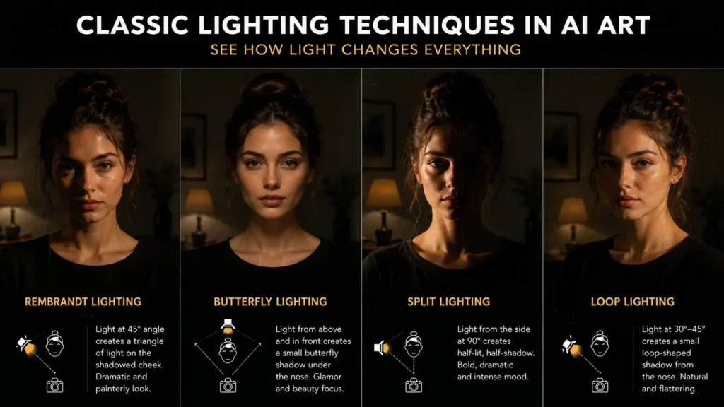 Lighting in AI art comparison showing Rembrandt lighting, Butterfly lighting, Split lighting, and Loop lighting techniques on the same portrait to demonstrate how different lighting styles affect AI-generated images by AI Artz
