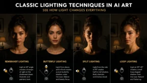 Lighting in AI art comparison showing Rembrandt lighting, Butterfly lighting, Split lighting, and Loop lighting techniques on the same portrait to demonstrate how different lighting styles affect AI-generated images by AI Artz