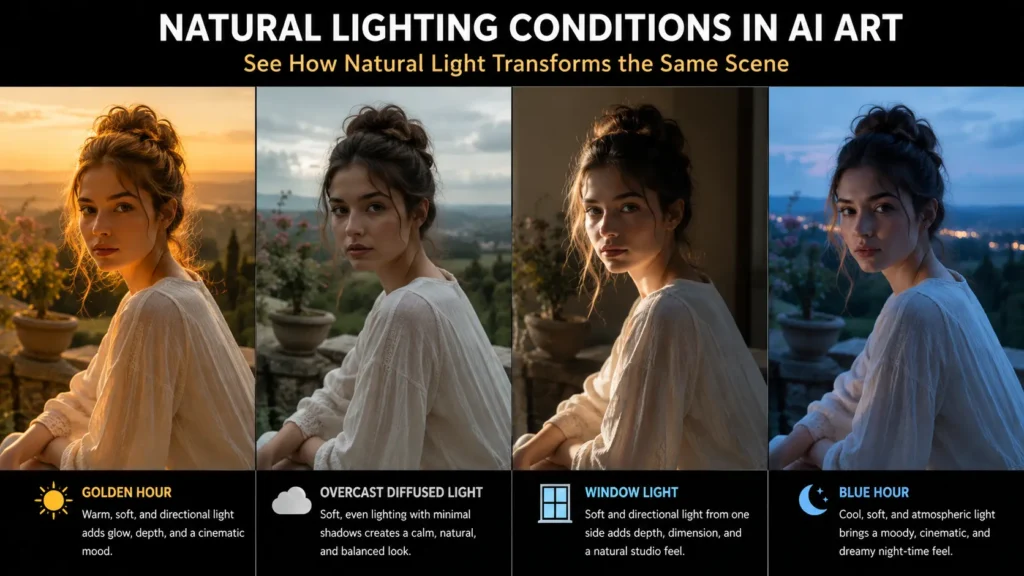 Lighting in AI art comparison showing Golden Hour, Overcast Diffused Light, Window Light, and Blue Hour lighting conditions on the same portrait to demonstrate how natural light changes AI-generated images by AI Artz