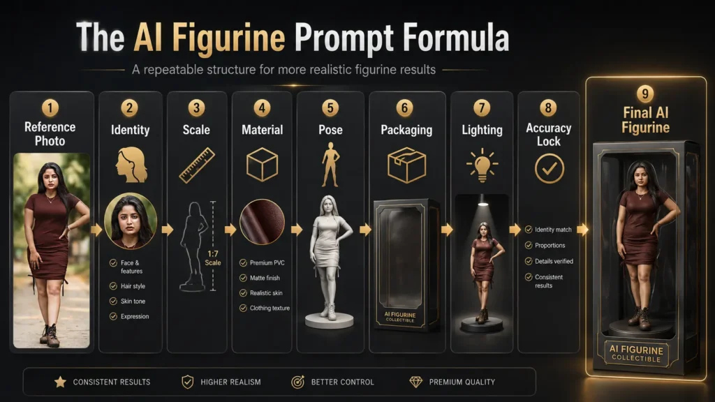 AI Figurine Prompt formula infographic showing the step-by-step process from reference photo to final realistic AI collectible figurine by AI Artz