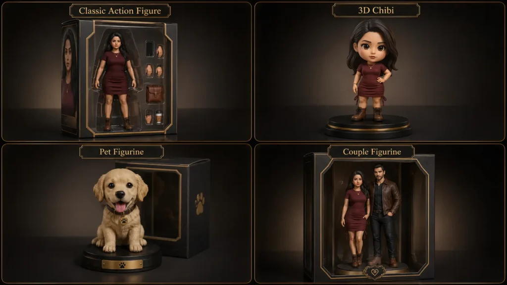 AI Figurine Prompt showcase image featuring classic action figure, 3D chibi, pet figurine, and couple figurine styles in premium collectible packaging by AI Artz